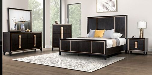 Brand New Espresso & Gold 4pc Queen Bedroom Set