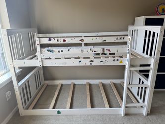Kids Bunk Bed with Slide & Stairs — Solid Wood, White, Twin over Twin