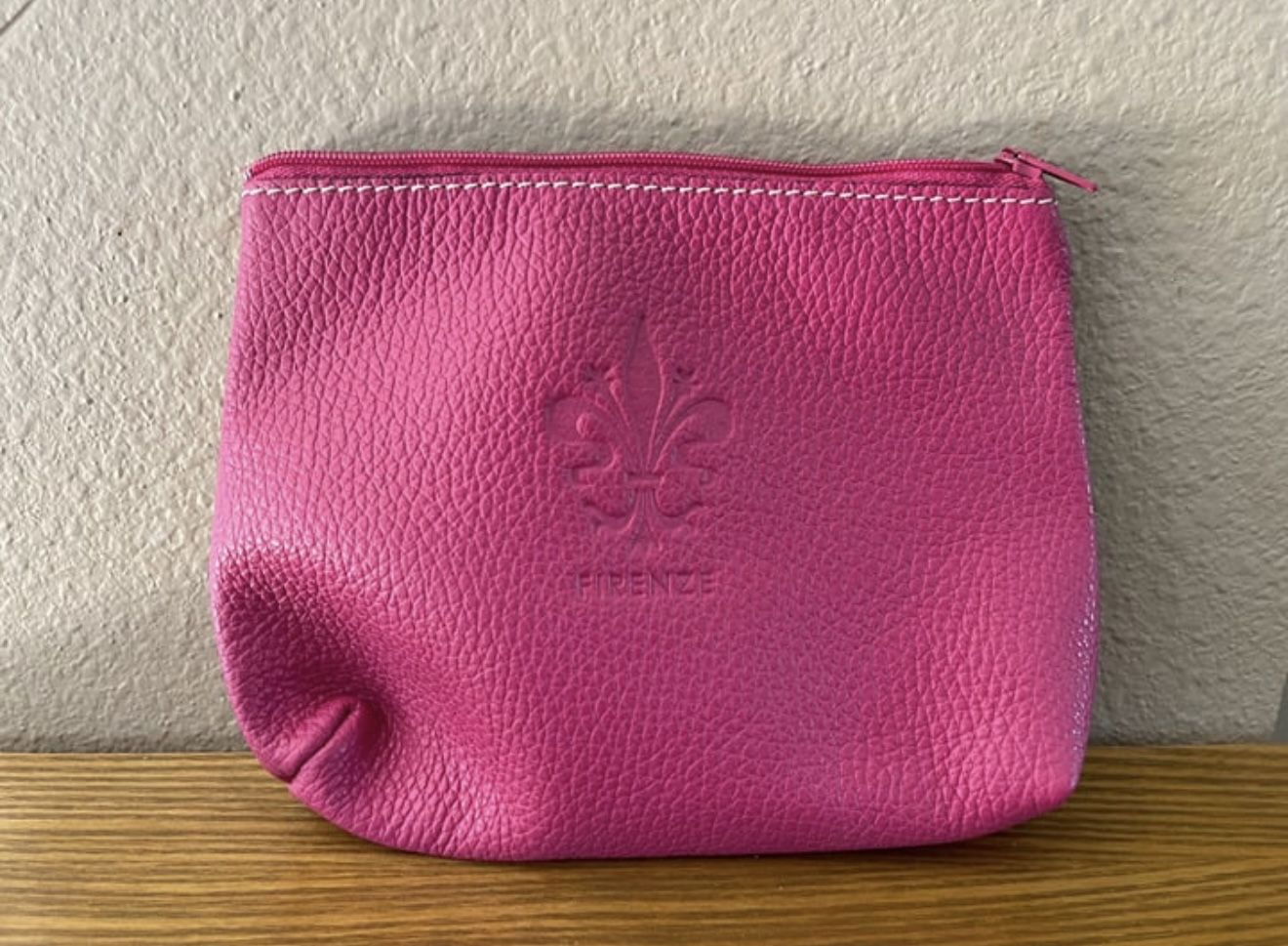 I Ponti Firenze Italian Leather Zip Cosmetic Bag Pouch Pink / Fuscia 7.5"