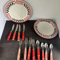 Vintage Coca Cola Gibson 1996 Plates Bottle Handle Flatware 14 Pc Set