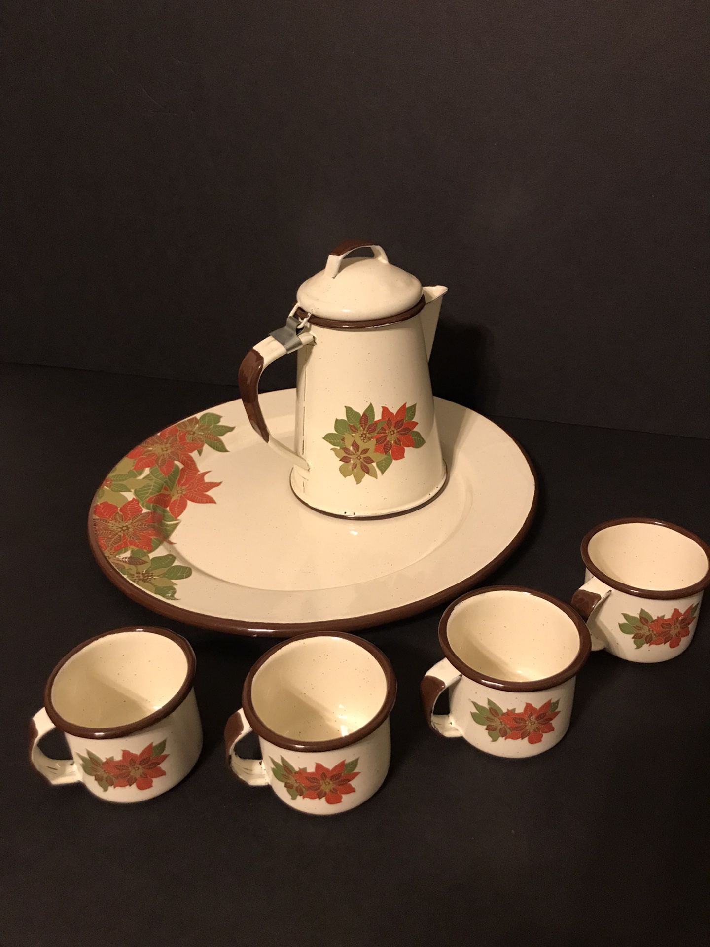 Vintage Poinsettia Metal Tea/Coffee Set w/ 4 Small Cups, Serving Plate & Tea Pot