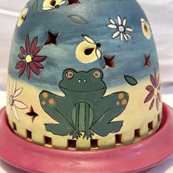 Rare Starry Light Frog Candle Holder Stoneware Large Pottery Bees Flowers