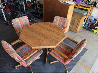 Octagon Dining Table Set w/ Extension Leaf & 4 Swivel Rolling Chairs