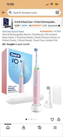 Oral-B Rechargeable Electric Toothbrush, iO3 Limited Deep Clean, 3 Cleaning Modes, Visual Pressure Sensor to Protect Gums, 2 Brush Heads, Travel Case,