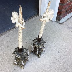 MCM Brass Candle Holders + Cherub Candle Huggers + Textured  Wood Candles Hollywood Regency Style 1950s