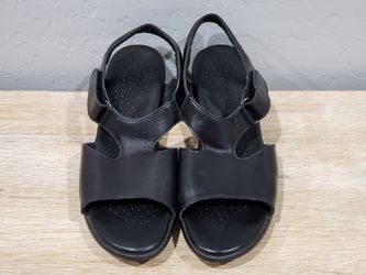 SAS Womens Suntimer Leather Heeled Tri-Pad Comfort Hook & Loop Sandal (9) Black