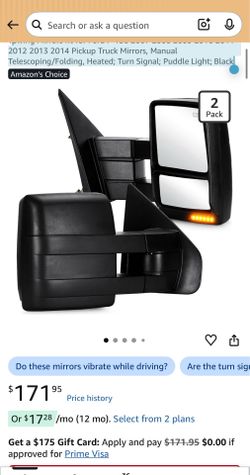 Towing Mirrors fit for Ford F-150 2007 2008 2009 2010 2011 2012 2013 2014 Pickup Truck Mirrors, Manual Telescoping/Folding, Heated; Turn Signal; Puddl