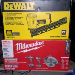 New Milwaukee M18 Fuel 3 Tool Kit & 2 Tool DeWalt Combo