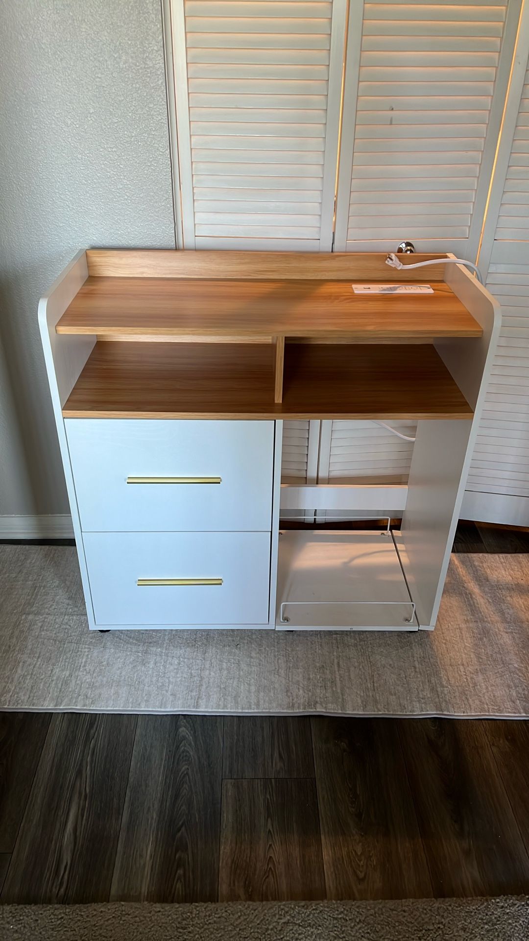 $50 OBO White & Wood File Cabinet with Charging Station / Printer Stand