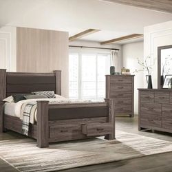 4 PIECE RUSTIC GRAY FINISH QUEEN KING SIZE BEDROOM SET DRESSER MIRROR NIGHTSTAND - JUEGO DE RECAMARA CAJONERA BURO CAMA