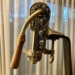 Estate Antique Brass Table Top Wine Opener  w/Wood Stand