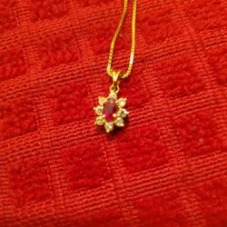 14k  Solid Gold Ruby &  Diamonds Pendant Necklace 