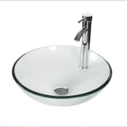 Cameo Clear Tempered Glass Round Vessel Sink with Chrome Faucet Pop Up Drain Set - New In Box 
