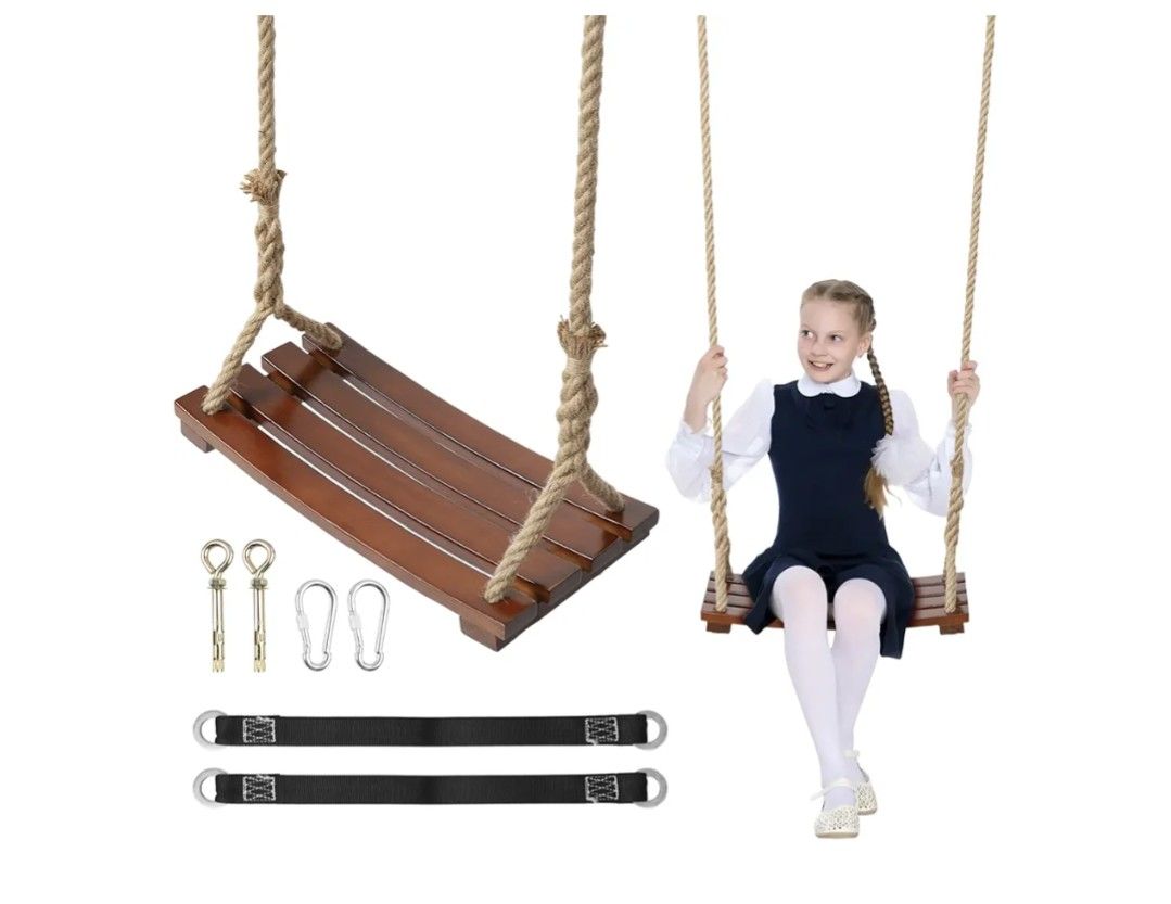 Wooden Tree Swing, 500lbs Load Capacity Heavy-Duty Wooden Swing Seat for Adults & Kids, Adjustable Climbing Rope Tree Straps 118 inch for Indoor & Out