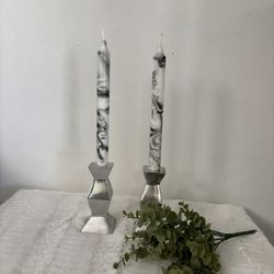 Two Vintage Chrome Geometric Candle Holders 5 Inches Tall 