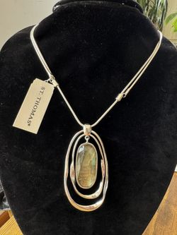 ST. Thomas Silver Tone Necklace Faceted Jet Stone Pendant Reversible Adjustable