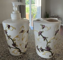 Bathroom Set Soap Pump Toothbrush Holder Ceramic off white yellow purple vines flowers