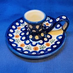 Beautiful And Colorful Polish Pottery Candlestick Holder 