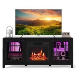 New Costway 58” TV Stand with LED Lights & 18” Electric Fireplace & Glass Doors - Black