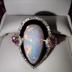 Custom Made Gold, Opal Pink Saphire and Diamond Ring
