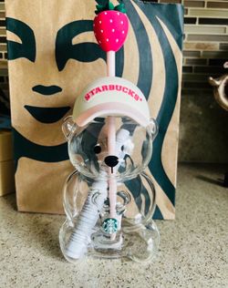 RARE Starbucks Pink Bearista Glass Cup | Strawberry Topper | Limited Edition | NEW | Collector