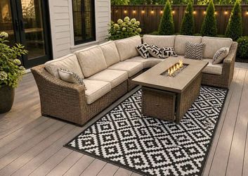 Rattan Patio Sectional With Nuvella Cushions With Fire table  *New Patio Furniture*
