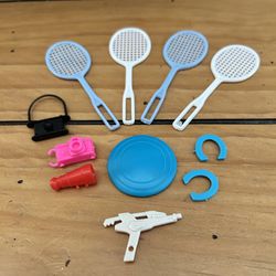 Barbie Size Accessories Sports Tennis Raquet, Camera, Frisbee 11 Pieces Lot