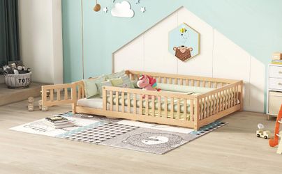Full Size Bed Floor Bed with Safety Guardrails and Door for Kids, Natural(Old SKU: W158090693)