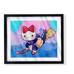 custom art of hello kitty as kiki from kiki's delivery service in black frame