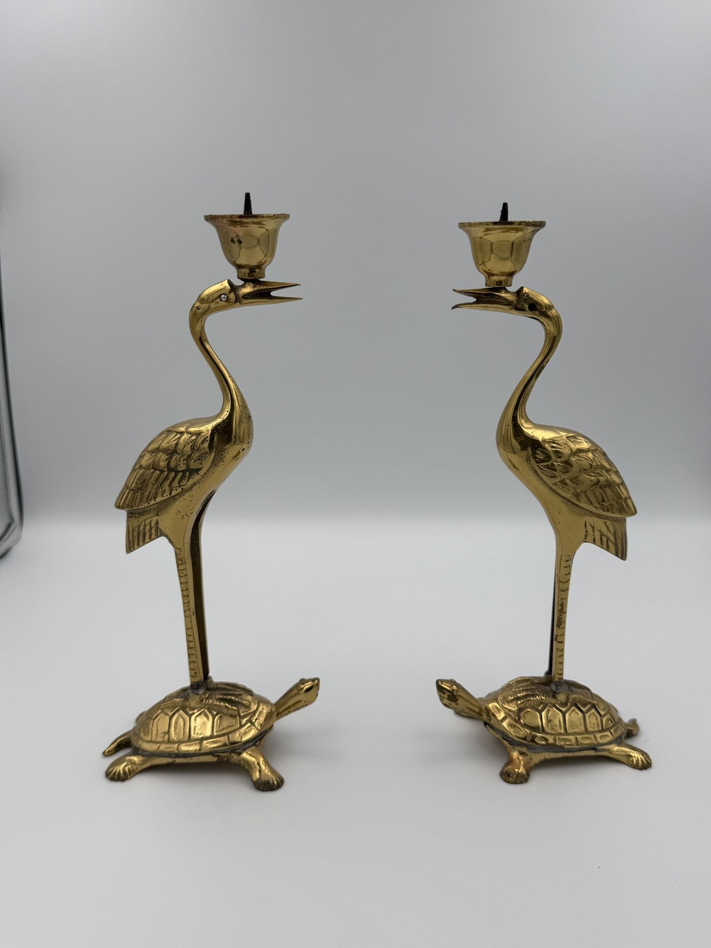 Vintage Brass Longevity Crane Standing On Turtle Statue Candleholders