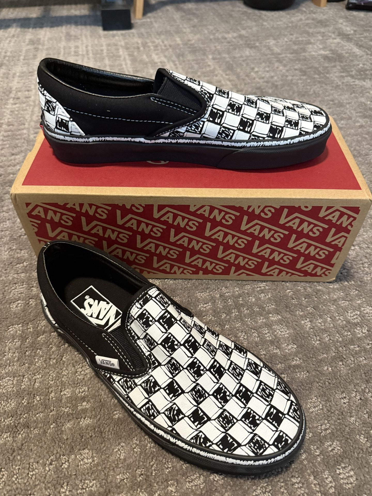 Brand New Never Worn. Vans sketch check Slip On. Womens 8, men’s 6.5