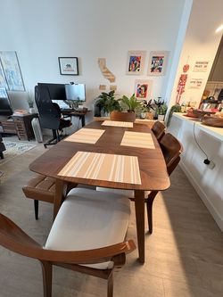 Walnut Mid Century Modern Dining Table, Chairs & Bench - Seats up to 7
