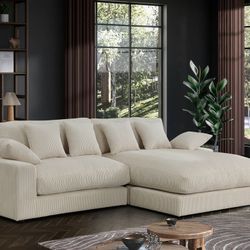 Beige Corduroy Sectional Sofa With Chaise - Free Delivery ✅ Corduroy Sofa In Beige 