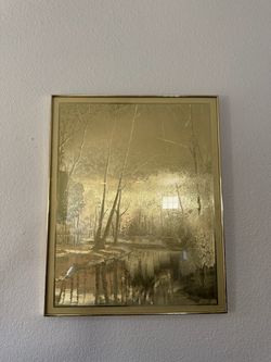 Gold Foil Metallic Landscape Wall Art – Framed Forest & River Scene
