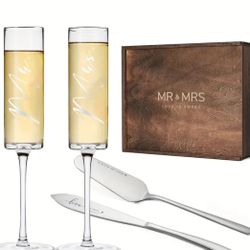 AW BRIDAL Champagne Flutes Bride and Groom Champagne Glasses Set of 2, Wedding Cake Knife Set, Cake Cutting Set, Christmas Gifts, Houswarming Gifts Br