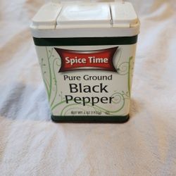 Vintage Spice Time Pure Ground Black Pepper Spice Tin.  Approximately 3.75" x 2.75" x almost 1.5".  Excellent Condition!!  Almost full.  Please see al