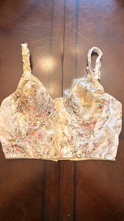 Floral Embroidered Eyelet Corset Bustier Crop Top Cream Mesh Lace Up Back L