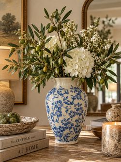 Blue & White Vintage-Style Floral Ceramic Vase – Large Decorative Urn