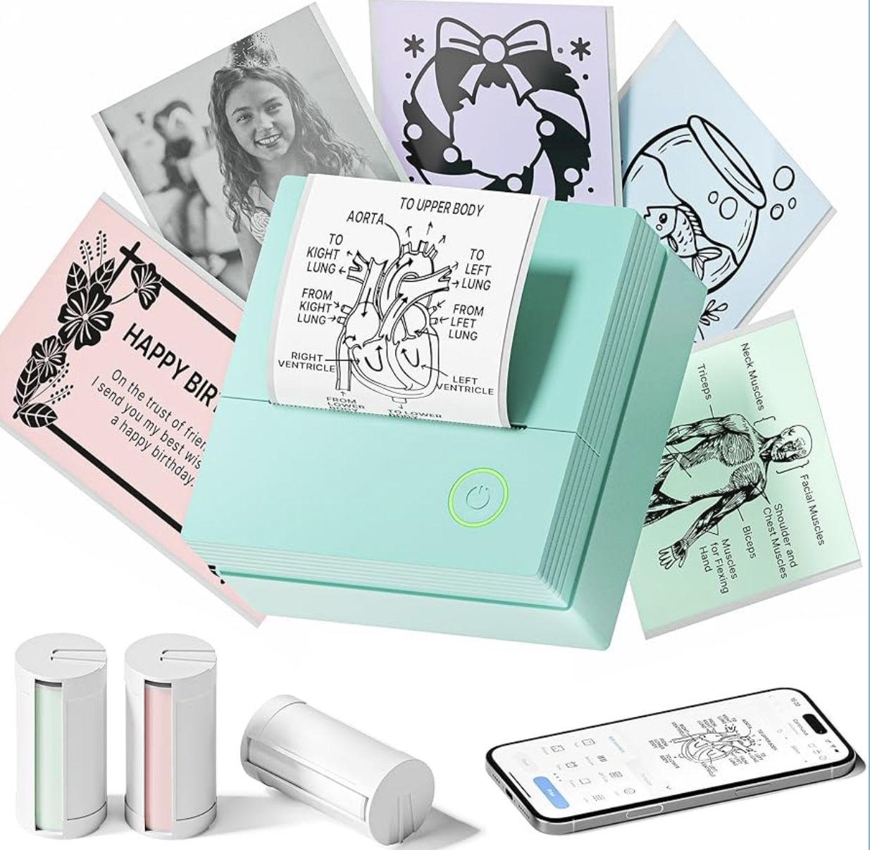 Sticker Printer, PM290 Mini Printer, Bluetooth Sticker Maker Machine with 3 Rolls Paper, Portable Print Pod for Study Notes, Journal, Lists, Pictures,