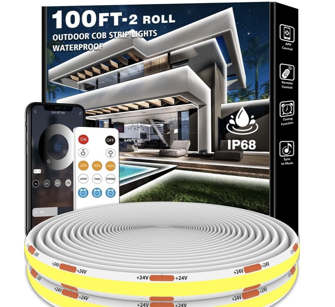 100ft COB Outdoor LED Strip Lights Waterproof, Dimmable 6500K Bright White, IP68 Outside Led Light Strips Waterproof with App Remote Control, Music Sy