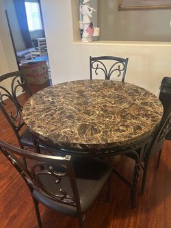 Round Faux Marble Dining Set with 4 Metal Chairs