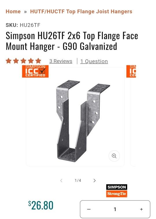 Simpson HU26TF 2x6 Top Flange Face Mount Hanger - G90 Galvanized
