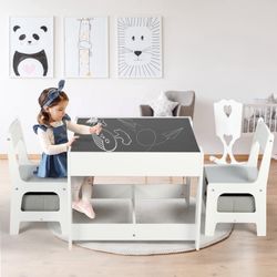 3 in 1 Toddler Wood Table & 2 Chairs Set, Activity Table for Toddlers, Grey