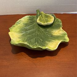 Vintage Country Majolica Cabbage Chip and Dip Bowl Leaf Serving Platter 11.5 Inches A6