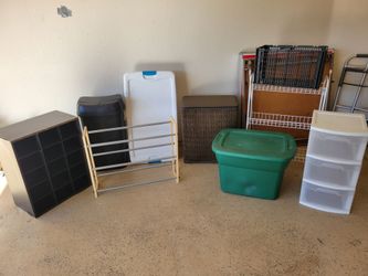 Storage. Drawers. Large trash can. Shoe racks. Bin.