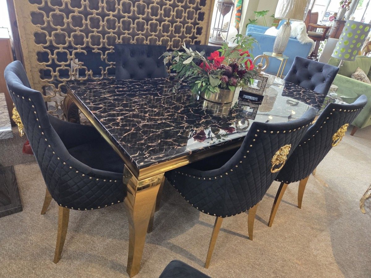 Marble Table + 6 Black Chairs New