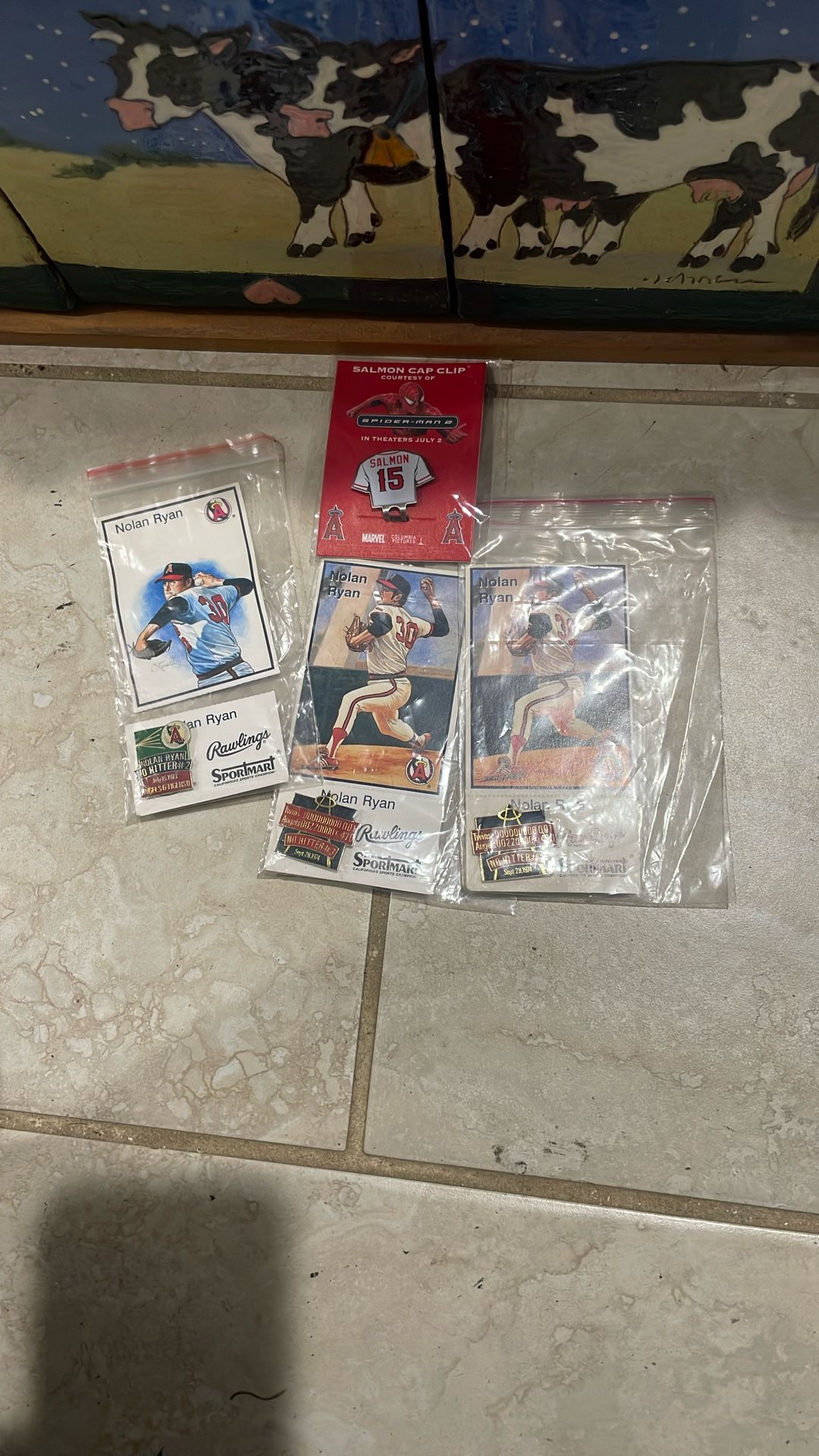 3 vintage Nolan Ryan Card With Pin. Salmon Cap Clip. $35 Take All.