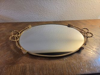 Vintage Gold Oval Mirrored Vanity Tray 20"x13"