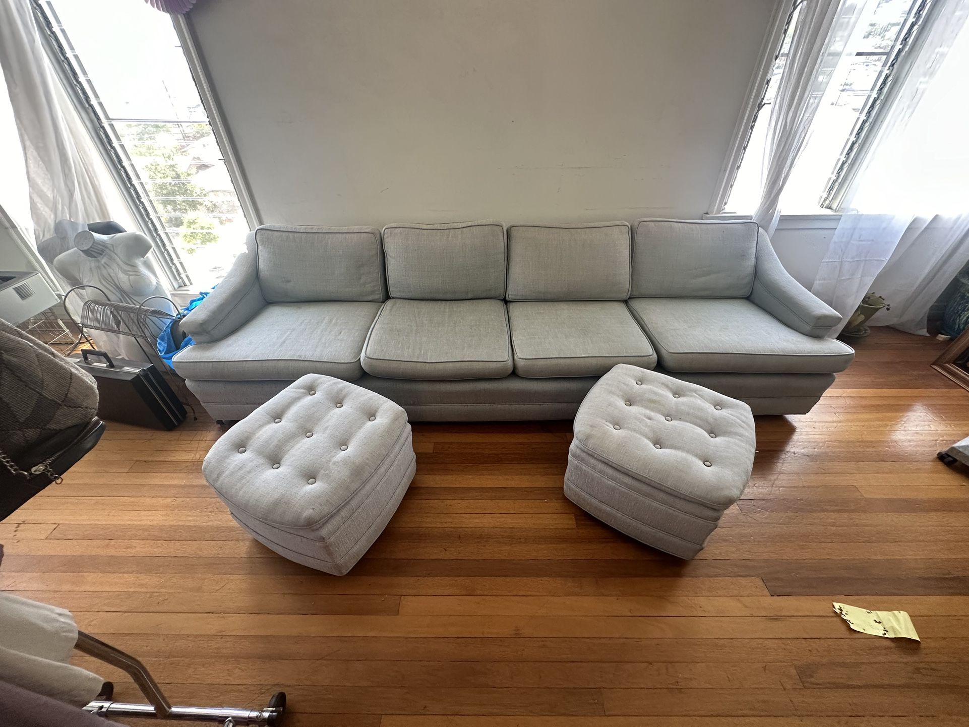 vintage faded blue Sofa with Two Ottomans