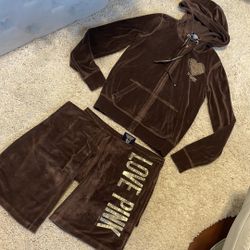 Victoria’s Secret pink track suit velour brown gold hoodie small bottom medium top sequin